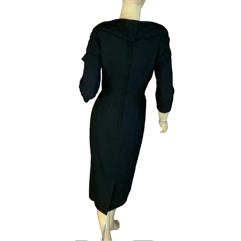VINTAGE 1960'S CAROL CRAIG BLACK WOOL COCKTAIL WIGGLE DRESS (S) - Picture 4 of 14